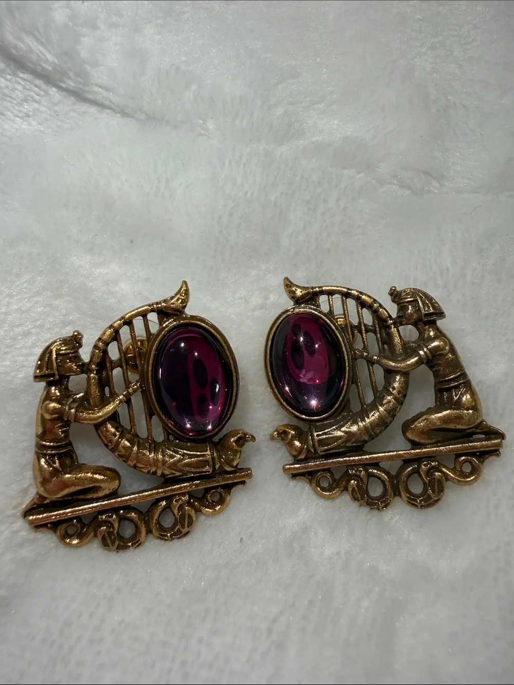 Kenneth Jay Lane Gold-Tone Egyptian Harp Earrings with Purple Cabochons - Picture 1 of 6